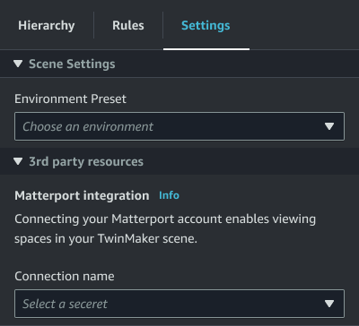 Der Inhalt der Registerkarte „Einstellungen“, nachdem Sie die Matterport SDK-Anmeldeinformationen als geheim gespeichert haben.